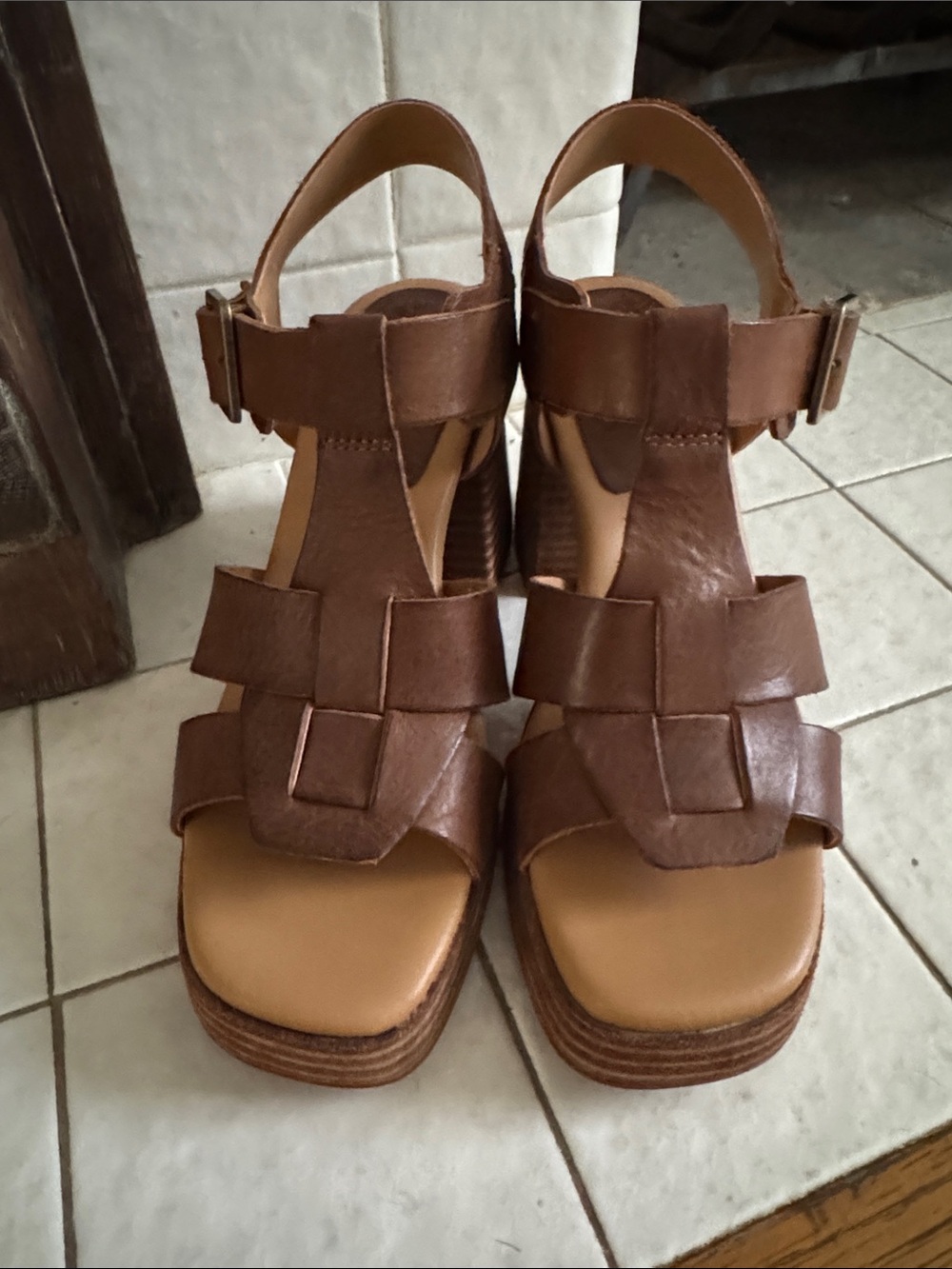 Kork-Ease Brown Leather Platform Heels with Ankle Strap